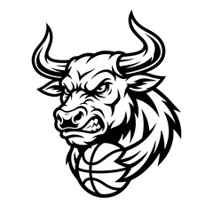 Obraz premium Aggressive bull head mascot profile with basketball graphic