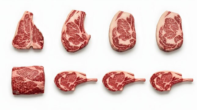 Raw beef steak assortment on white background, premium marbled ribeye and t-bone cuts, fresh red meat collection for butchery and culinary concepts