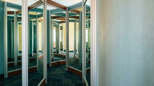 Interior view of a mirror maze funhouse creating an optical illusion. Infinite reflections of corridors and patterned carpet in an amusement attraction