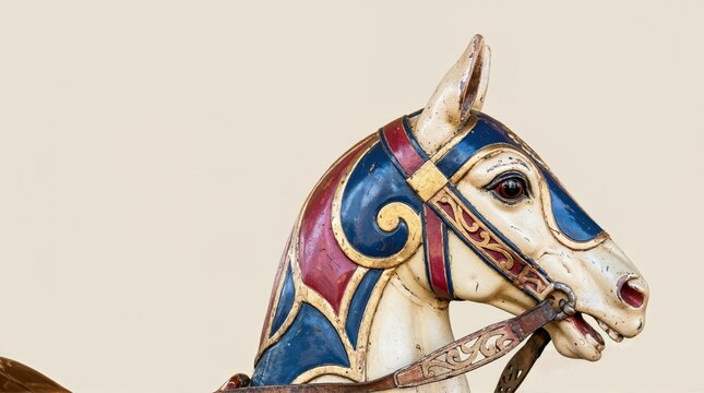 Old carousel horse detail. Vintage painted wooden merry-go-round horse head close up