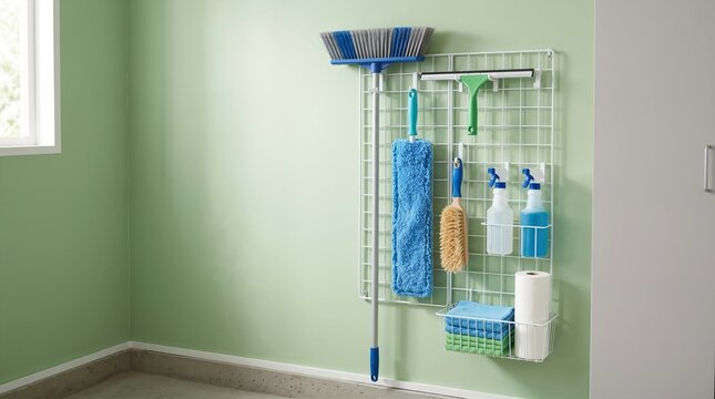 Organizing cleaning tool wall rack. White wire grid organizer with broom and duster on green wall