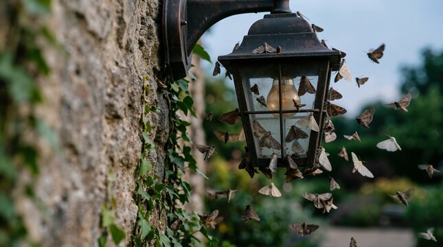 Outdoor light attracting moth swarm. Vintage lantern on stone wall with flying insects at dusk