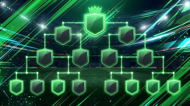 A glowing green digital tournament bracket design featuring shield icons for a sports competition.
