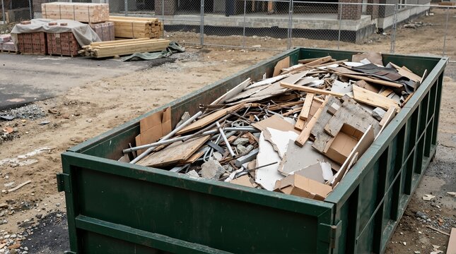 Piles of construction debris in dumpster. Large green roll off container filled with renovation waste. Construction site cleanup with wood and drywall scrap