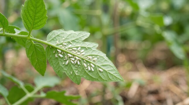 Plant leaves with whitefly clusters. Close up of tomato leaf infested with tiny white winged insect pests. Agricultural crop damage and garden pest infestation