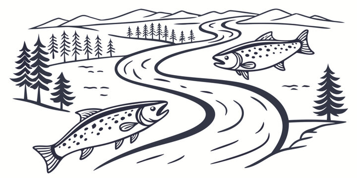 Set of 50 minimalist river line with white background, flowing water, rapids, waterfalls, and meanders