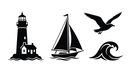 Lighthouse Sailboat Seagull And Wave Silhouette Design Black And White © TaskinRahman