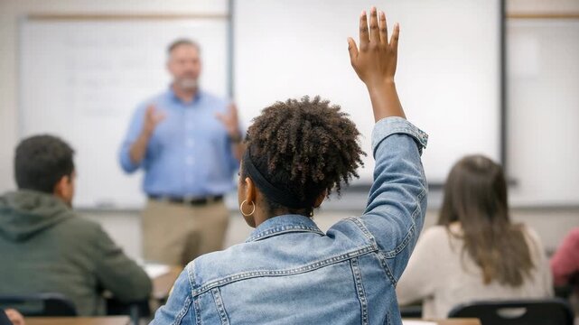 Student raises hand during classroom lesson. Teacher explains concept with whiteboard behind. Diverse group attentively listens in learning environment. Natural lighting illuminates classroom setting