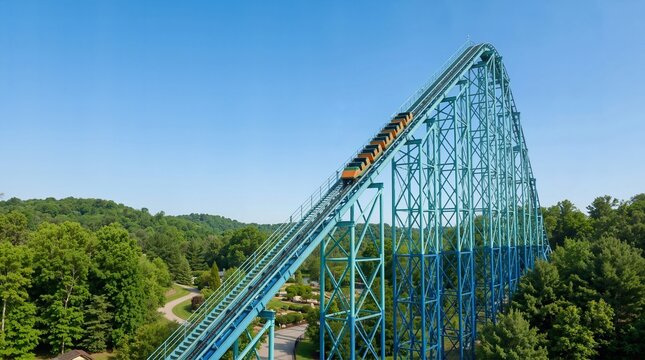 Roller coaster train ascending a tall blue lift hill. Amusement park ride climbing track against blue sky