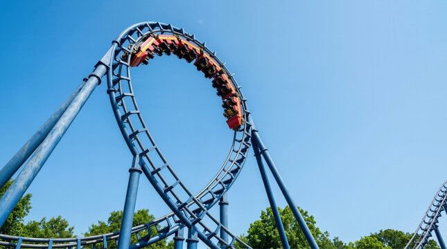 Roller coaster train upside down in a vertical loop. Thrill ride on blue steel track against clear sky