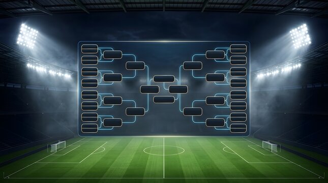 A professional football tournament bracket displayed over a dark, illuminated stadium background.