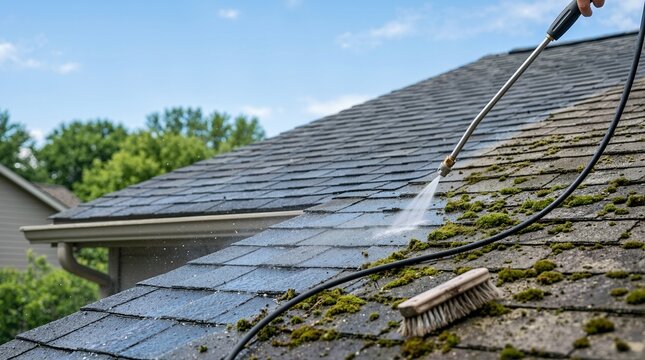 Pressure washing green moss from asphalt shingles on a residential roof. Cleaning and maintenance service with high pressure water spray and scrub brush