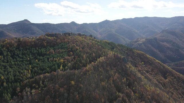 Aerial Autumn view of Belintash - ancient sanctuary dedicated to the god Sabazios at Rhodope Mountains, Bulgaria