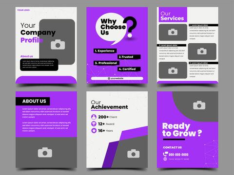 Modern purple company profile social media template set with clean minimalist layout. Usable for social media post and web ads.