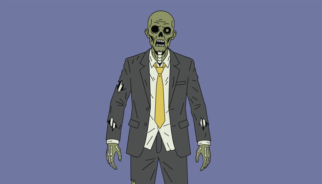 Zombie character wearing a tattered grey business suit and yellow tie with spooky skeleton hands for corporate horror or Halloween.