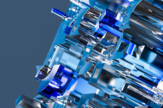 3D chrome machine cluster forms a futuristic blue structure