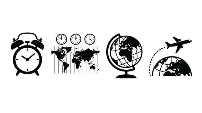 Travel Icons Featuring Alarm Clock Globes And Airplane Silhouette