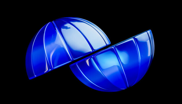 3D split blue shell displays two reflective curved halves