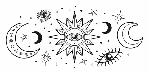 Hand-drawn mystical symbols and cosmic ornaments on white background, stars © Mamun