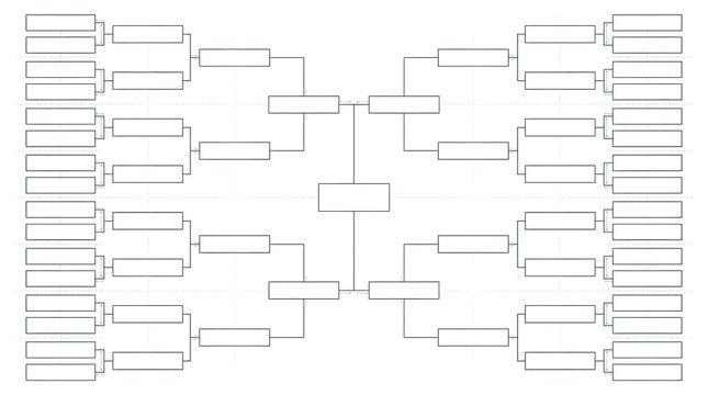 A symmetrical thirty-two team tournament bracket template with a central final match box design.