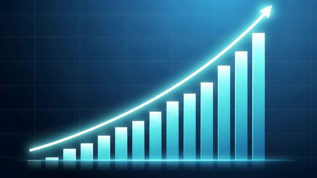 Rising Business Growth Chart A glowing blue bar chart depicts a steady upward trend symbolizing success and progress in business and finance with an arrow indicating continuous advancement