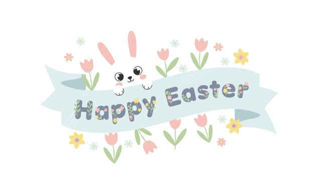 Adorable white rabbit peeking over a blue ribbon with Happy Easter text surrounded by colorful spring flowers.