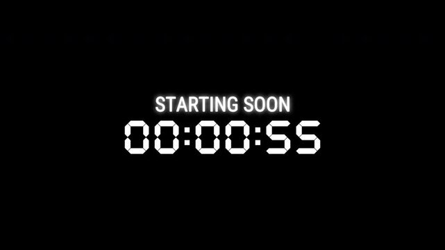 Starting soon Digital countdown clock timer in 1 minute to zero second. ideal for video editing, motion graphics, and live stream overlays. 4K video