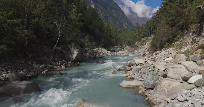 Annapurna Circuit Nepal, Gliding drone shot of the fast-flowing glacier-fed currents of the Marsyangdi River rushing through a dense mountain pine forest at an altitude of 3000m in the Manang
