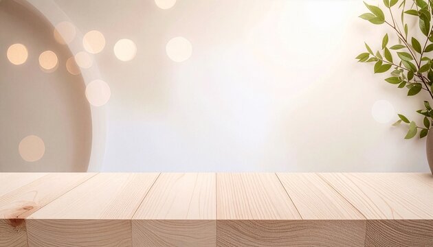 Empty light wooden surface for product display with blurred festive bokeh background template celebration minimalist