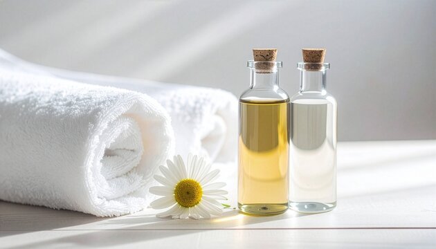 Two glass bottles of organic essential oil placed next to a rolled white towel and a single daisy flower with wellness, skincare