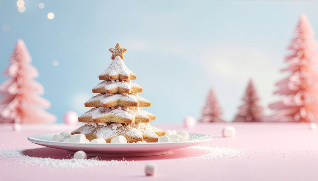 Stacked star-shaped christmas cookie tree with powdered sugar on a pink winter landscape christmas celebration seasonal decoration