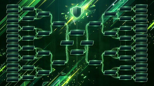 An intricate dark green tournament bracket chart with multiple slots for a large sports event.