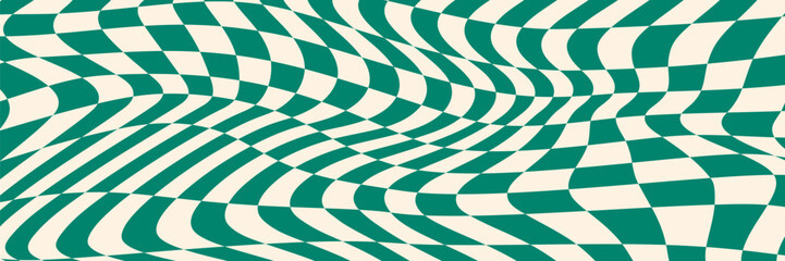 Obraz premium Distorted checkered green background. Twisted and distorted vector texture in trendy retro psychedelic style. Vector eps 10