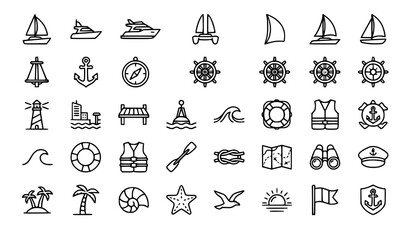 Minimalist Sailboat Icon Collection with Editable Outline Sailing Ocean and Nautical Symbols © Mst