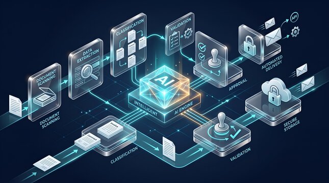 AI Powered Document Processing Workflow and Intelligent Data Extraction Isometric Concept