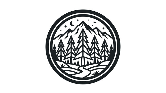 Vintage circular emblem with majestic mountains, evergreen pine trees, and a winding path under a starry night sky. Nature adventure illustration.