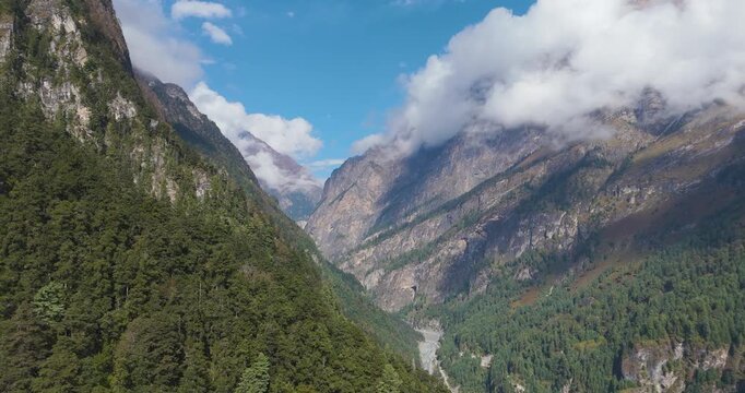 Annapurna Circuit Nepal, high angle aerial drone shot looking down a steep mountain valley corridor with dense green pine forests covering the ridges and a winding, dry river bed visible in the canyon