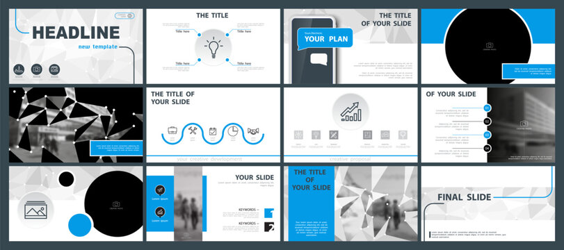 Business presentation template. Set, infographic elements, blue design, white background. Flyer, leaflet, corporate report, powerpoint, banner. Smartphone, technology, brochures, Vector illustrations
