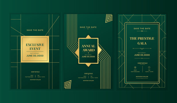 Luxury Green and Gold Art Deco Gala Invitation Card Set, Elegant Geometric Save the Date Event Invitation Templates for Awards, Exclusive Events and Formal Celebrations