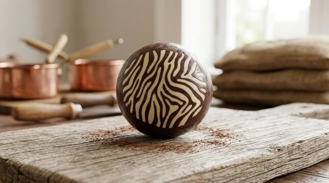 Chocolate sphere with zebra pattern on rustic wood