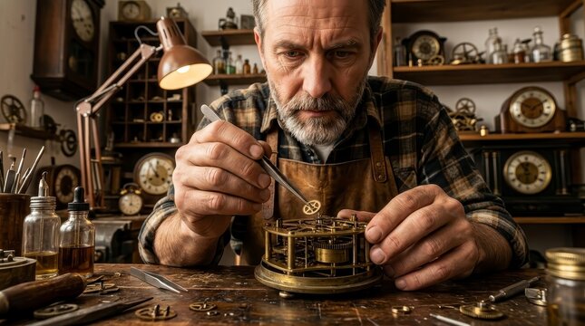 Watchmaker repairs intricate clock mechanism with tweezers