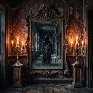 A hooded silhouette appears within a shattered antique mirror above a lit candle in an elegant dark Victorian room.