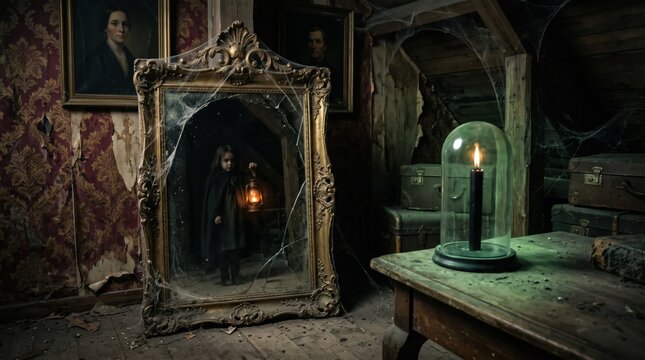 A ghostly child holding a glowing lantern appears within a cracked mirror in a decaying haunted attic filled with cobwebs and old portraits.