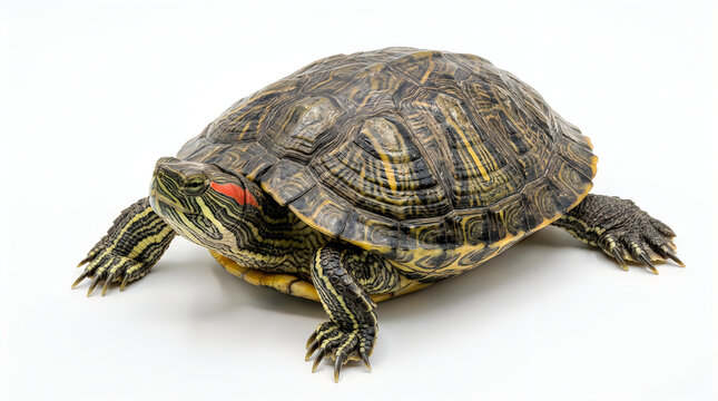 Small red eared slider turtle isolated on white background