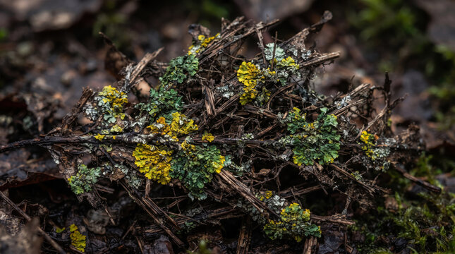 Weathered Dry Leaf Fibers Colonized by Vibrant Lichen
