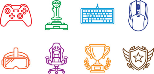 Gaming and esports icons. Controller, keyboard, and trophy symbols © JOBAER GRAPHIC