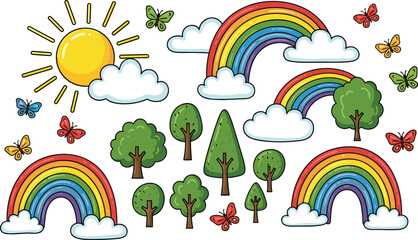 Fototapeta premium vector rainbow sun clouds trees butterflies colorful whimsical nature scene playful outdoor spring design illustration