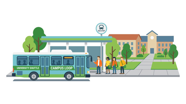 University Campus Shuttle Bus with Students Waiting at the Station Flat Vector Illustration