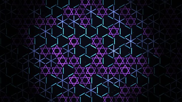 Shapes form a repeated pattern in purple and blue on a dark background. The design features star shapes arranged in a geometric grid. Light shines through the shapes
