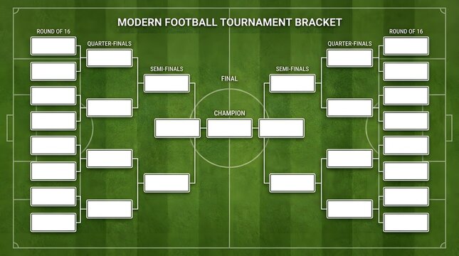 Modern football tournament bracket template with empty slots for team names on a green field.